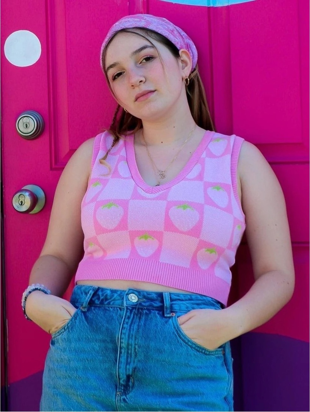 XS Altar’d State Pink Strawberry Sweater Vest